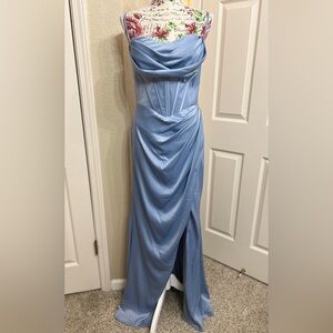DUSTY BLUE MAY QUEEN COWL NECK BRIDESMAIDS DRESS